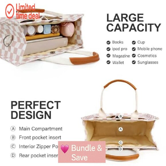 Canvas Tote Bag with Pockets Crossbody Shoulder Work Bag Large Capacity - Picture 3 of 7